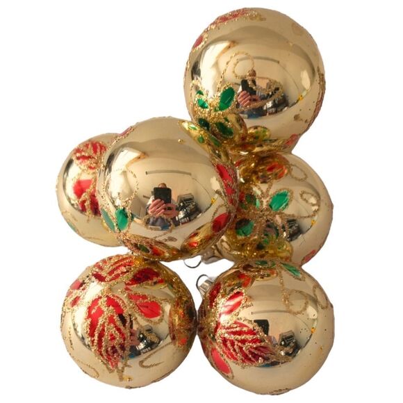 Commodore Christmas Classics Ornaments x 7 Glass Ball Hand Decorated Poinsettia. - Picture 10 of 16